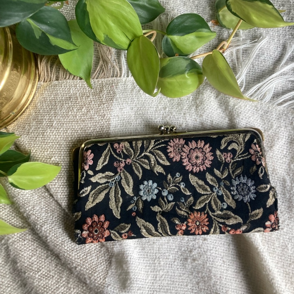 Floral embroidered and leather wallet